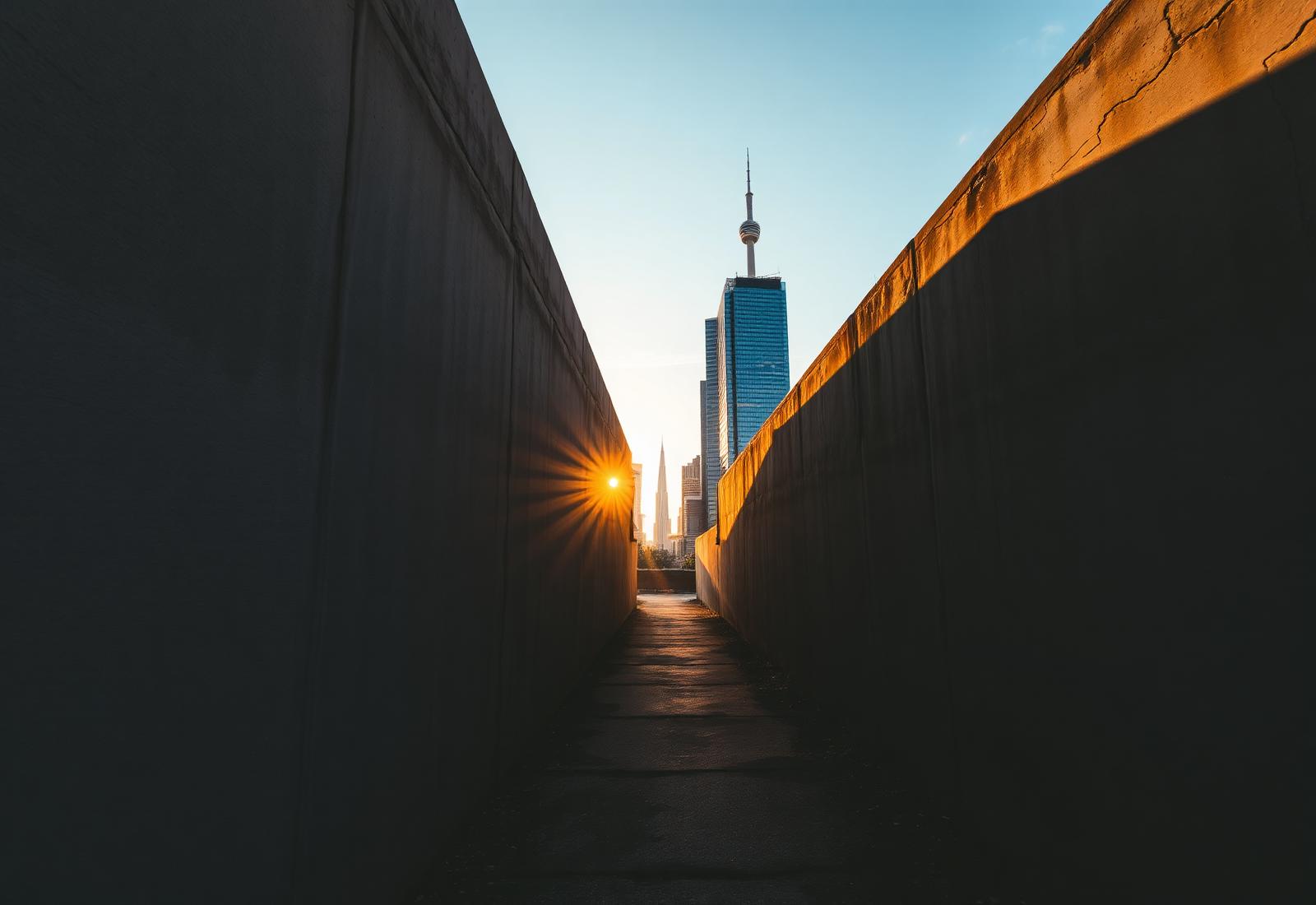A narrow passageway opening to the Toronto skyline at sunrise